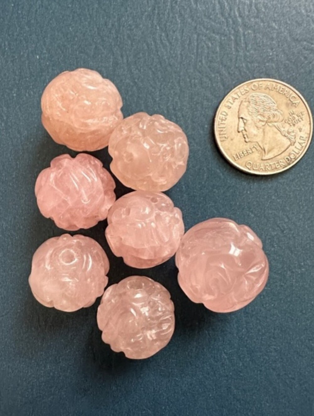 Vintage Rose Quartz Carved Bead Set - Pink Gemstone Beads 7pc